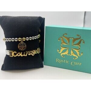 Rustic Cuff Mixed Metal 2 Piece Courage  Bangle & Beaded Bracelet Set New